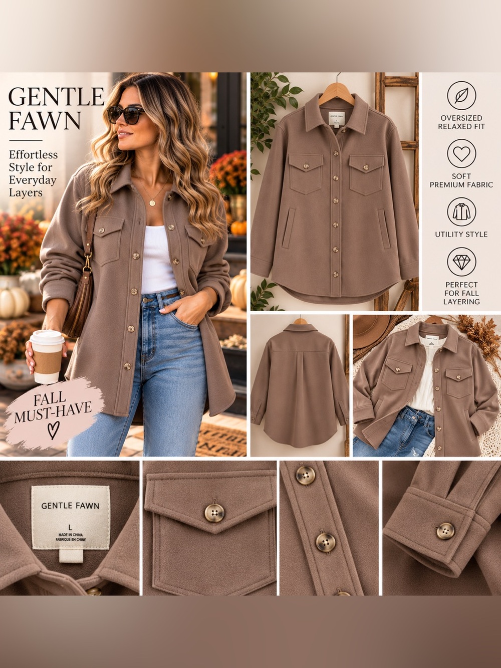 FALL MUST-HAVE
Gentle Fawn
Oversized Taupe Shacket
Size L • Quiet Luxury